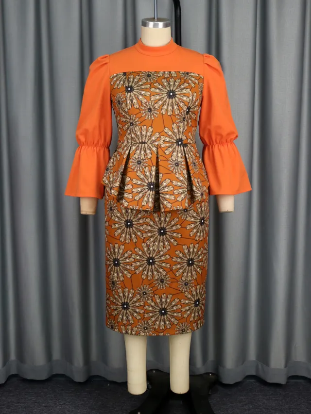 Women's Floral Print Flare Sleeve Dress Orange - Shop at LoveMi