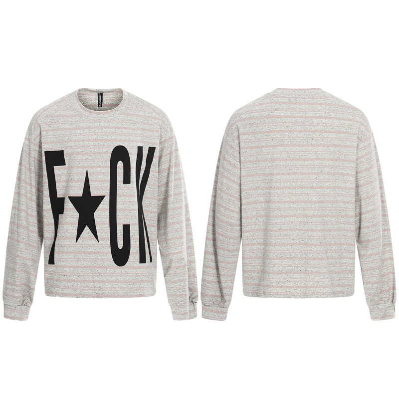 Chinese-style Hip-hop Oversized Letter-print Relaxed-fit Long-sleeve T-shirt With Striped Top