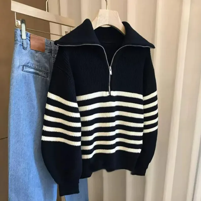 Lapel Half open Zipper Contrast Color Striped Pullover Sweater Black - Shop at LoveMi