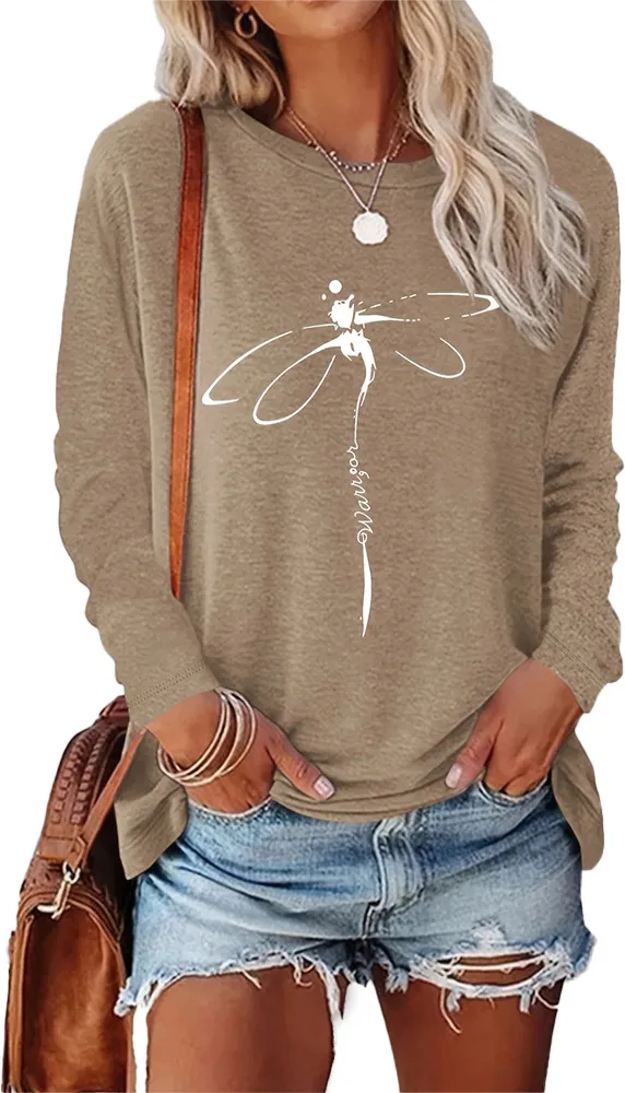 Dragonfly Pattern Round Neck Long Sleeve Women's T shirt Tops Khaki - Shop at LoveMi