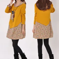 Loose Casual Skirt Korean Sports Long Sleeve Dress - Yellow - View 1