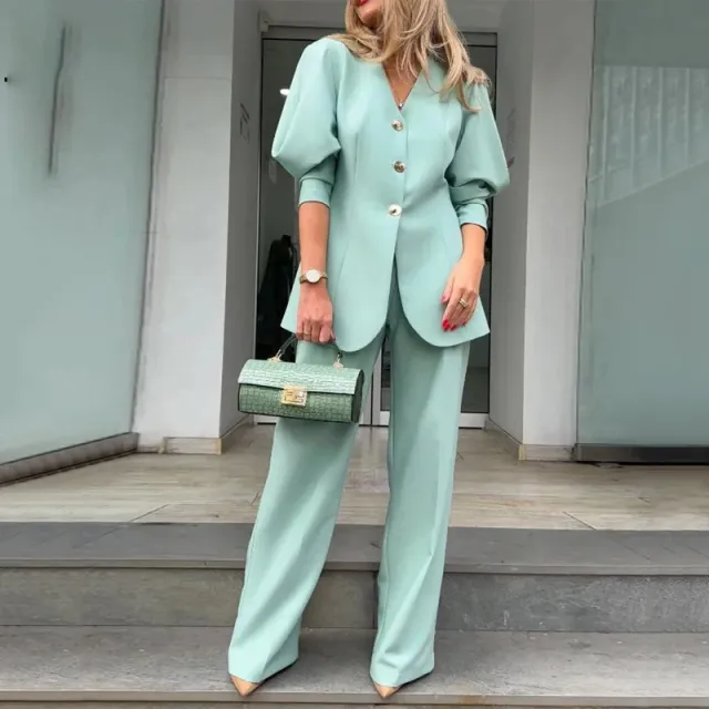 Autumn New Fashion Solid Color Lantern Sleeve Loose Outfit Light Blue - Shop at LoveMi