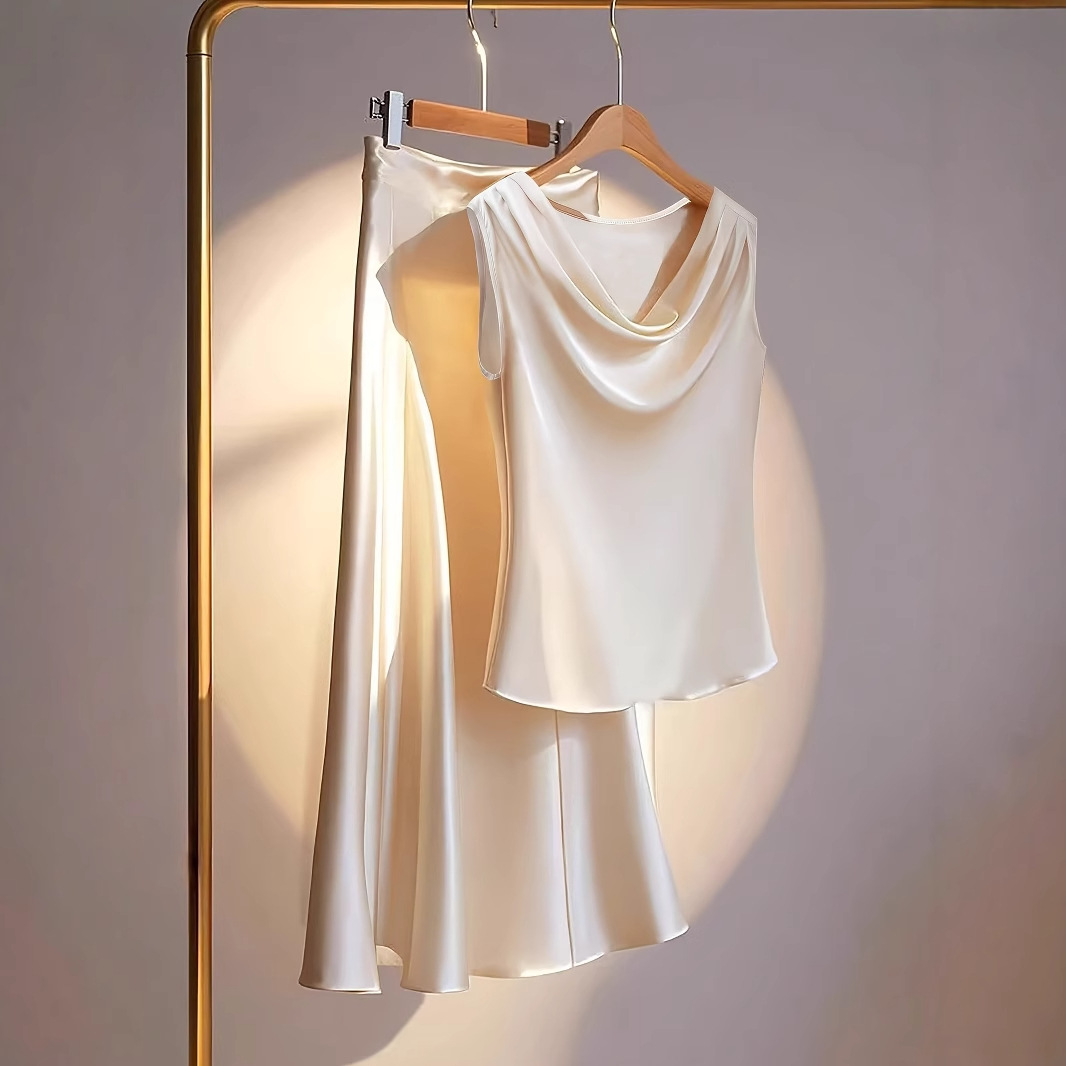 Sleeveless Scooped-neck Top Paired With A Pleated Skirt