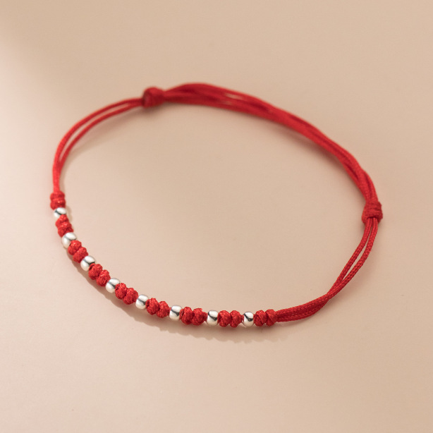 S925 Silver Simple Interval 8 Pieces Light Bead Red Rope Hand-woven