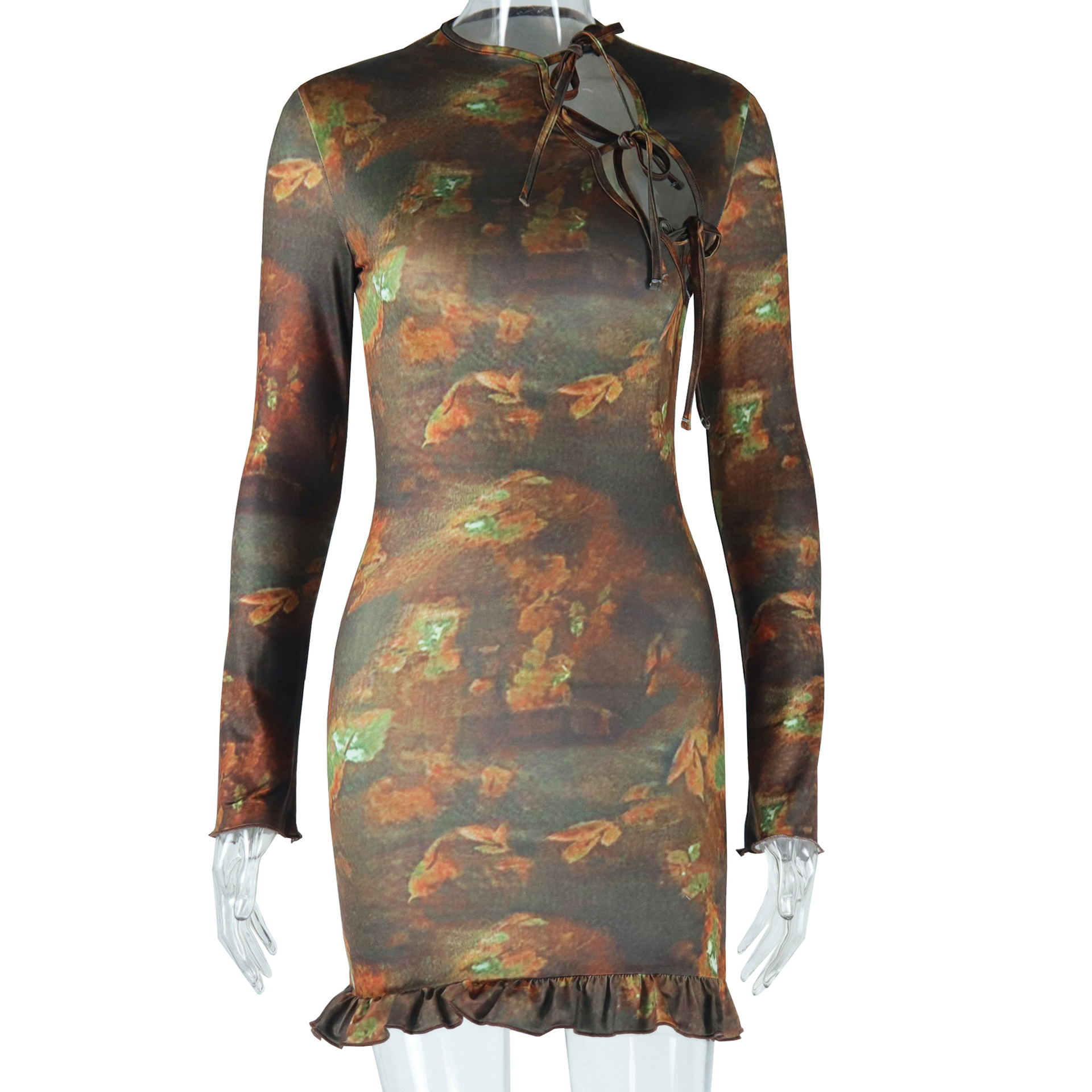 Long sleeved Round neck Hollow out Tie Street Bodycon Dress For Women Brown - Shop at LoveMi