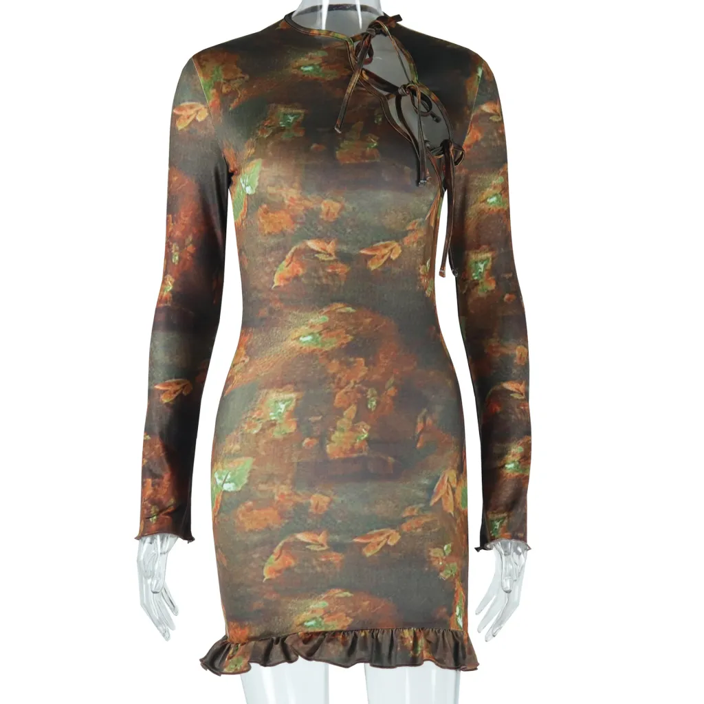 Long-sleeved Round-neck Hollow-out Tie Street Bodycon Dress For Women - Brown
