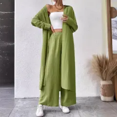 Plus Size Loose Long Shirt Wide Leg Pants Two-piece Set - Green - View 1
