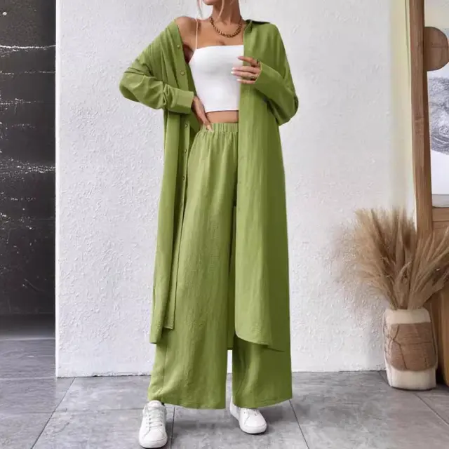 Plus Size Loose Long Shirt Wide Leg Pants Two piece Set Green - Shop at LoveMi