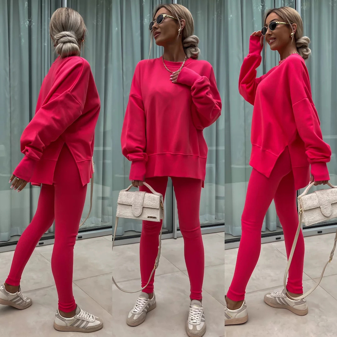 Casual Loose Sweater Suit with Tight Trousers. Product information: Color: apricot, red, khaki, pink, blue, purple, orange, green, black Sleeve type: regular sleeve Pants length: trousers Main fabric composition: Polyester (polyester fiber) Size: S,M,L,XL