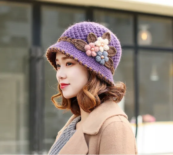 Autumn And Winter Women's Knitted Woolen Cap Warm Ear Protection Windproof Fleece Lining Purple - Shop at LoveMi