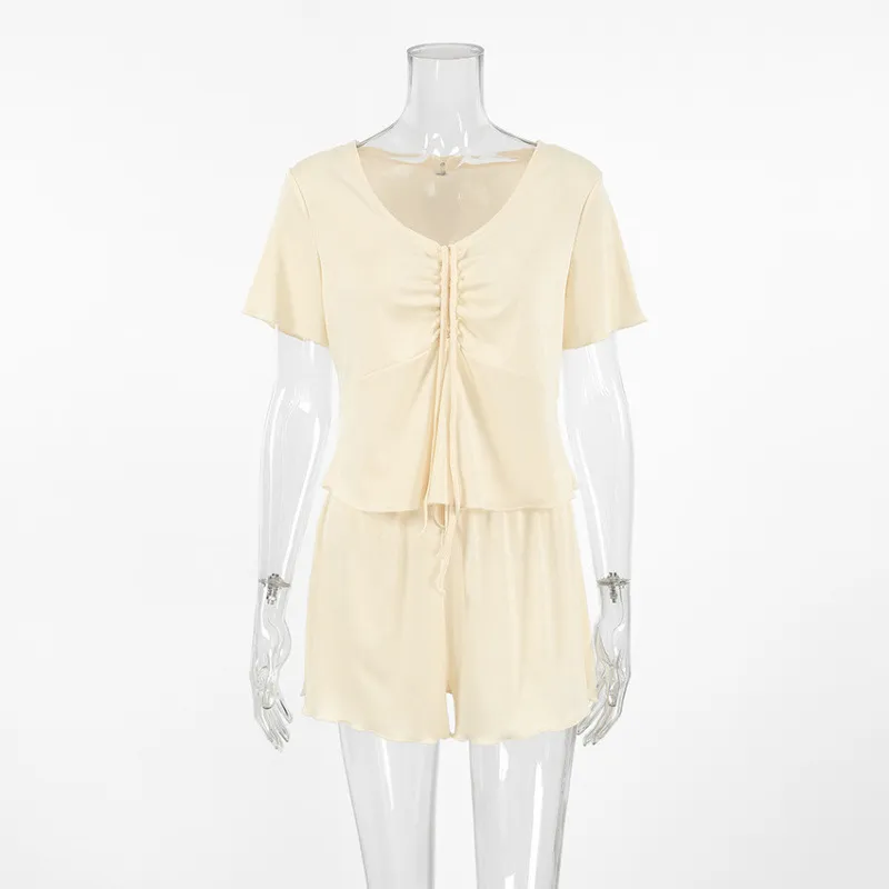 Drawstring Inner Shorts Two-piece Set - Beige