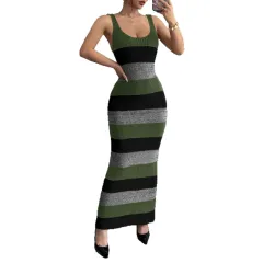 Striped Contrast Colour Suspender U-neck Dress Long Knitted Dress - Green - View 1