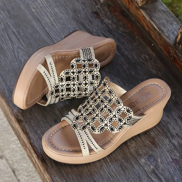 Women's Platform Plus Size Rhinestone High-heeled Wedge Slippers