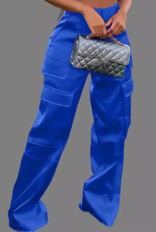 Fashion Casual Zipper Solid Color Multi pocket Straight leg Pants Blue - Shop at LoveMi