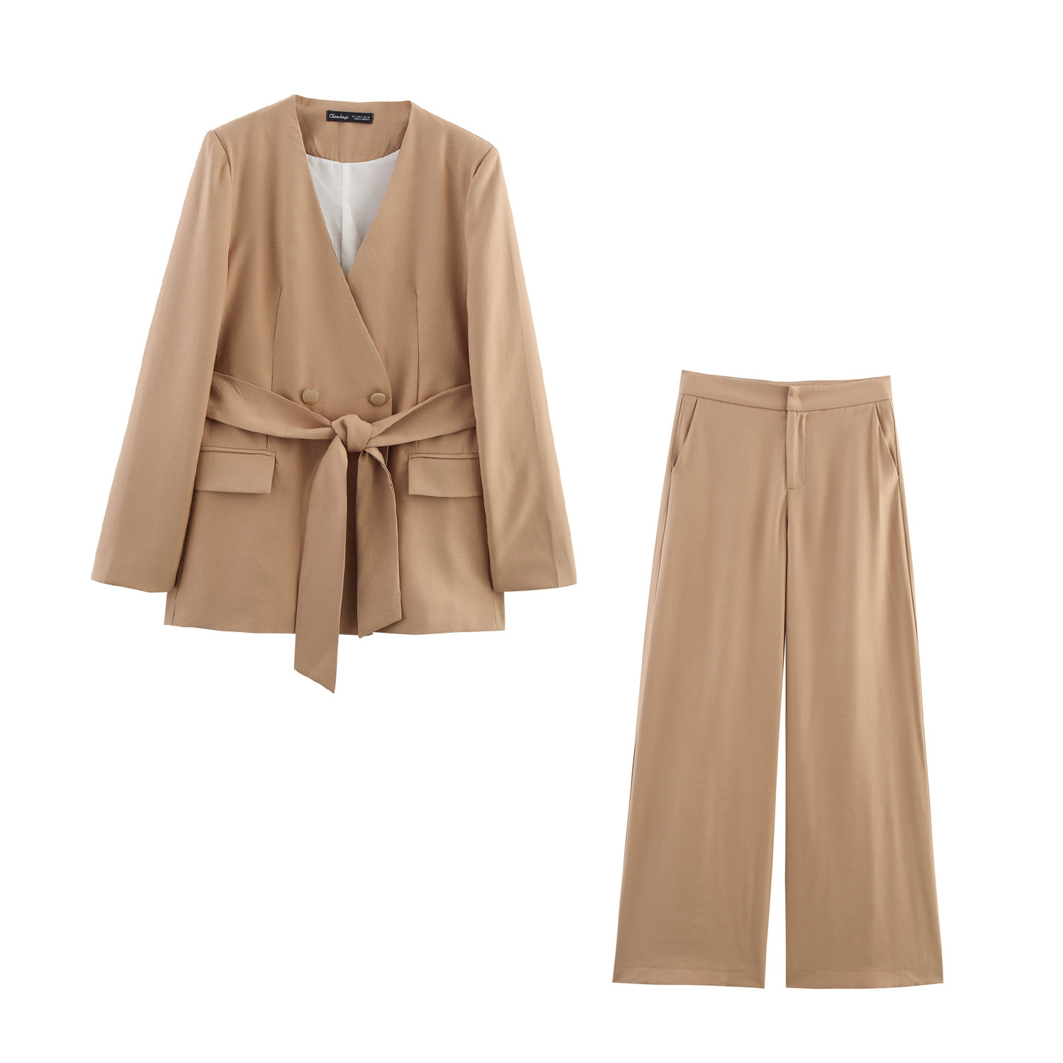 With Belt Padded Shoulder Casual Suit Jacket Wide Leg Pants Suit