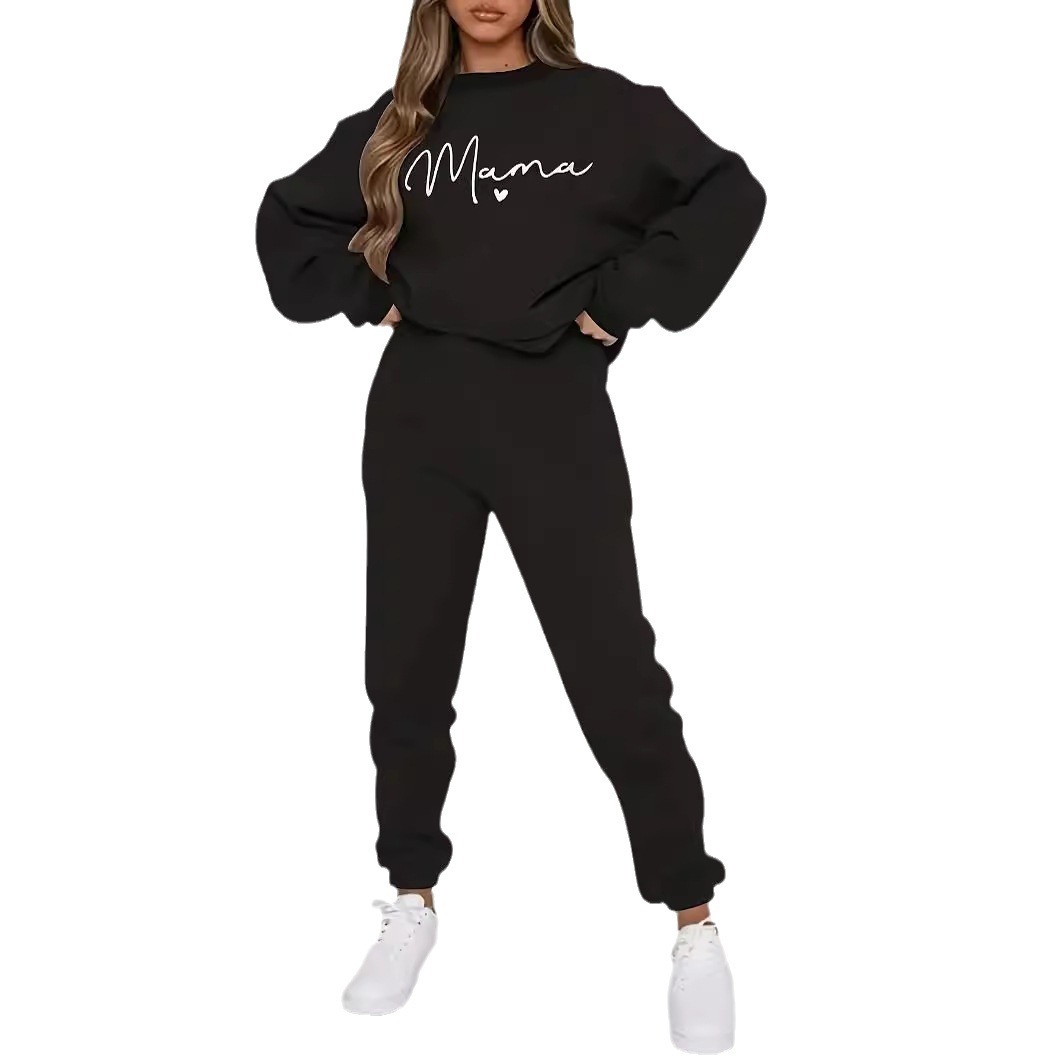 Fleece Letter printing Printed Hoodie Sweatpants For Women Black - Shop at LoveMi