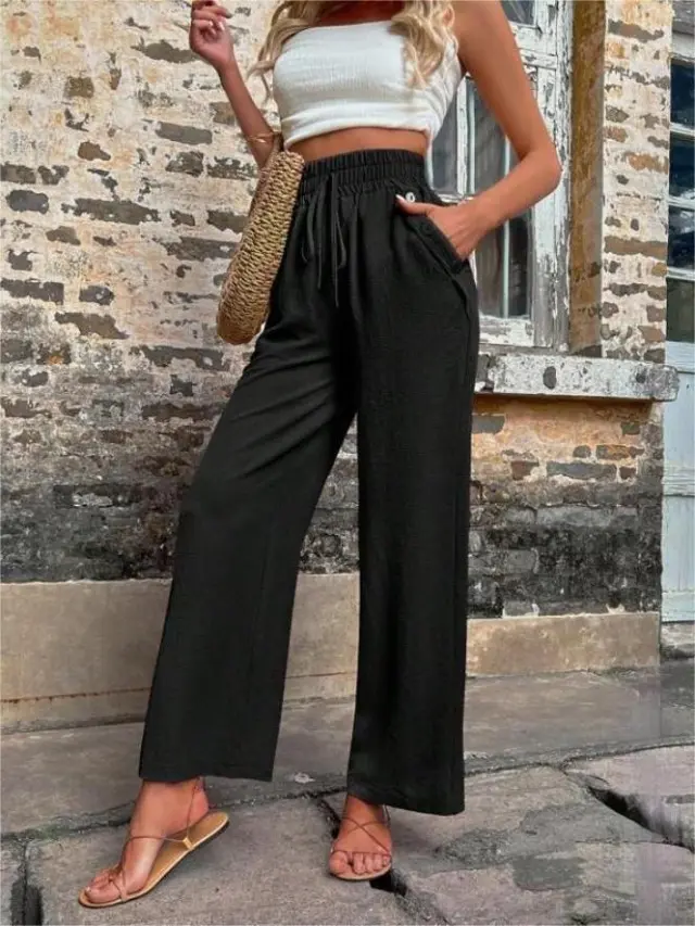 Casual Elastic High Waist Loose Trousers Black - Shop at LoveMi
