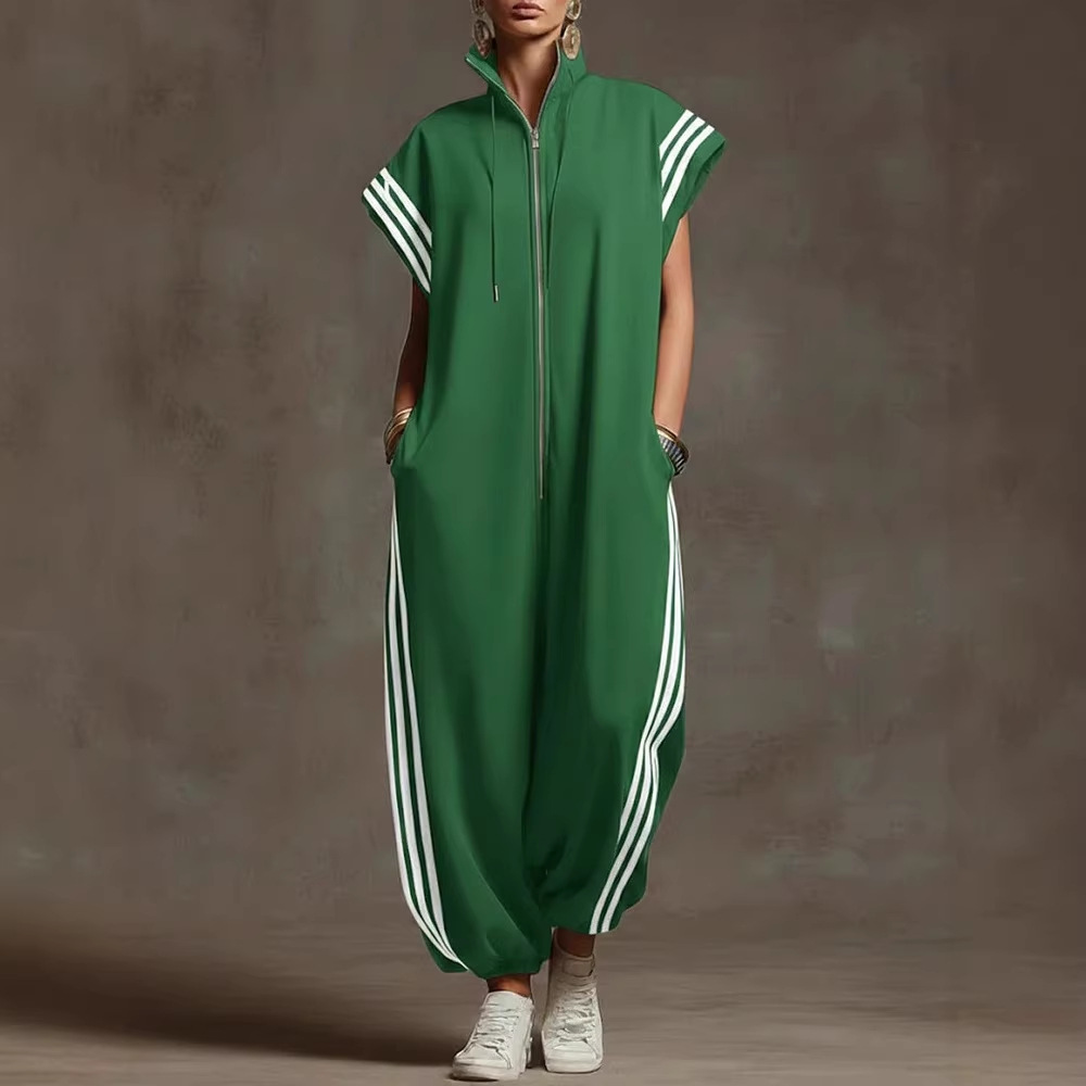 Striped Contrast-Color Jumpsuit With A Zippered Stand Collar