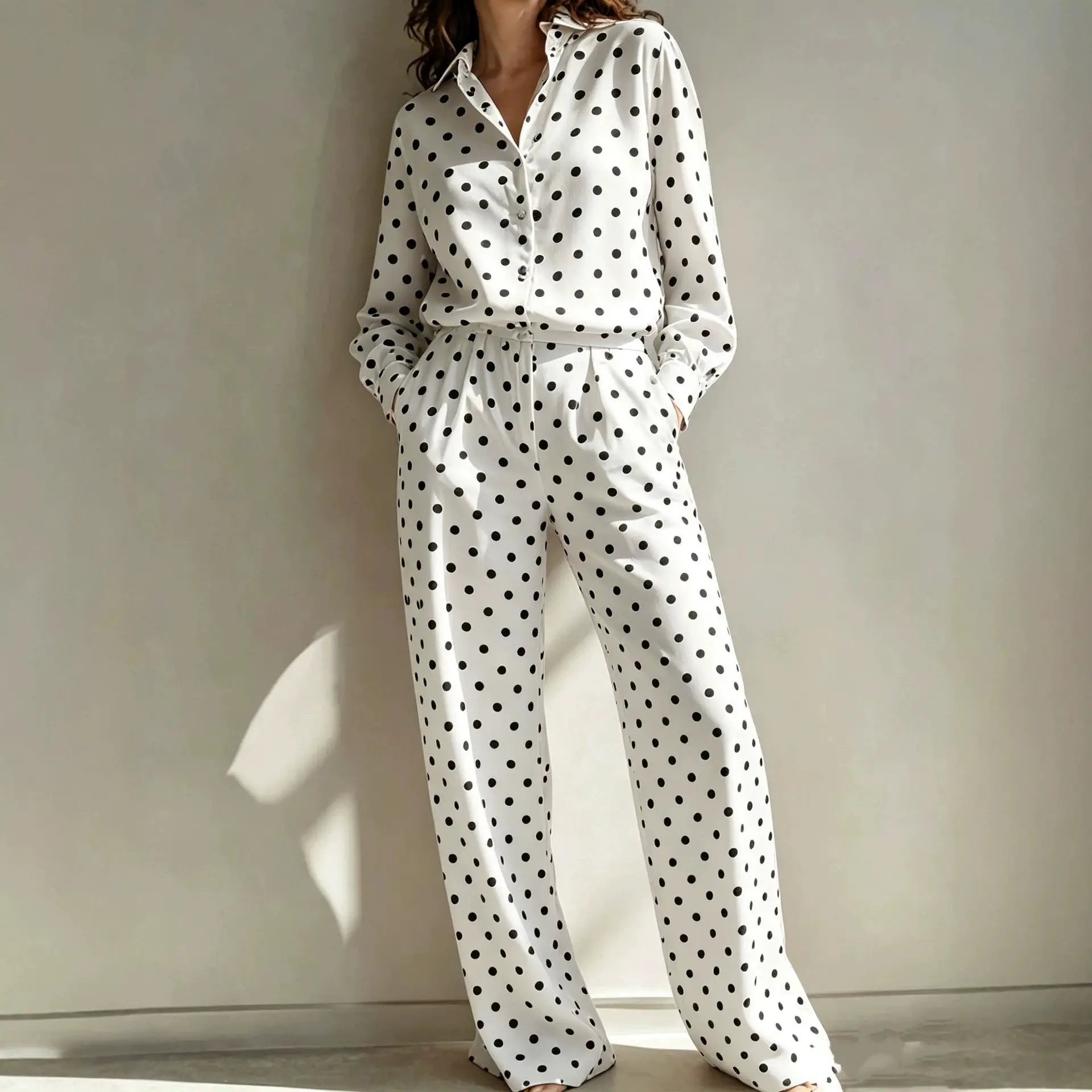 French-style Vintage Polka-dot Long-sleeve Top And Wide-leg