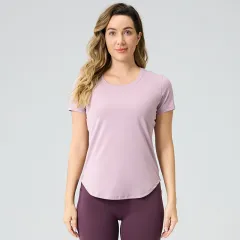 Womens Breathable Bare-Look Yoga Short-Sleeve Top - Procelain Cement-6 - View 1