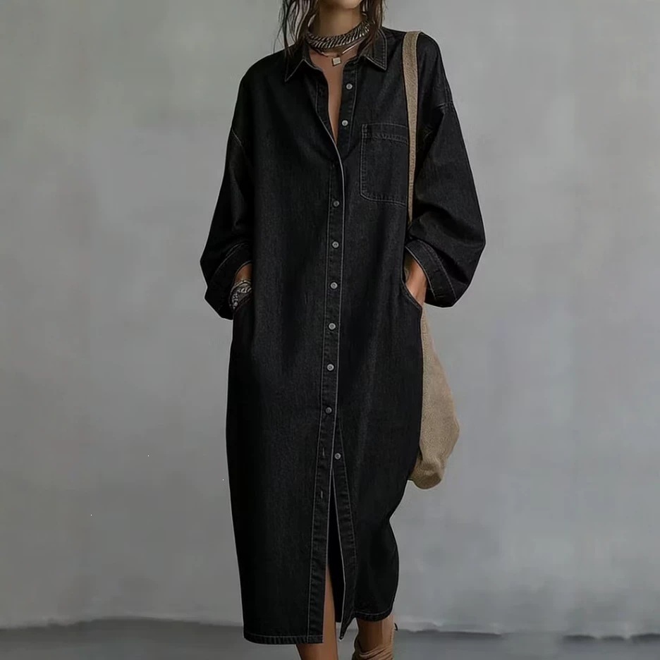 Single-breasted Loose-fit Denim Shirt Casual Dress