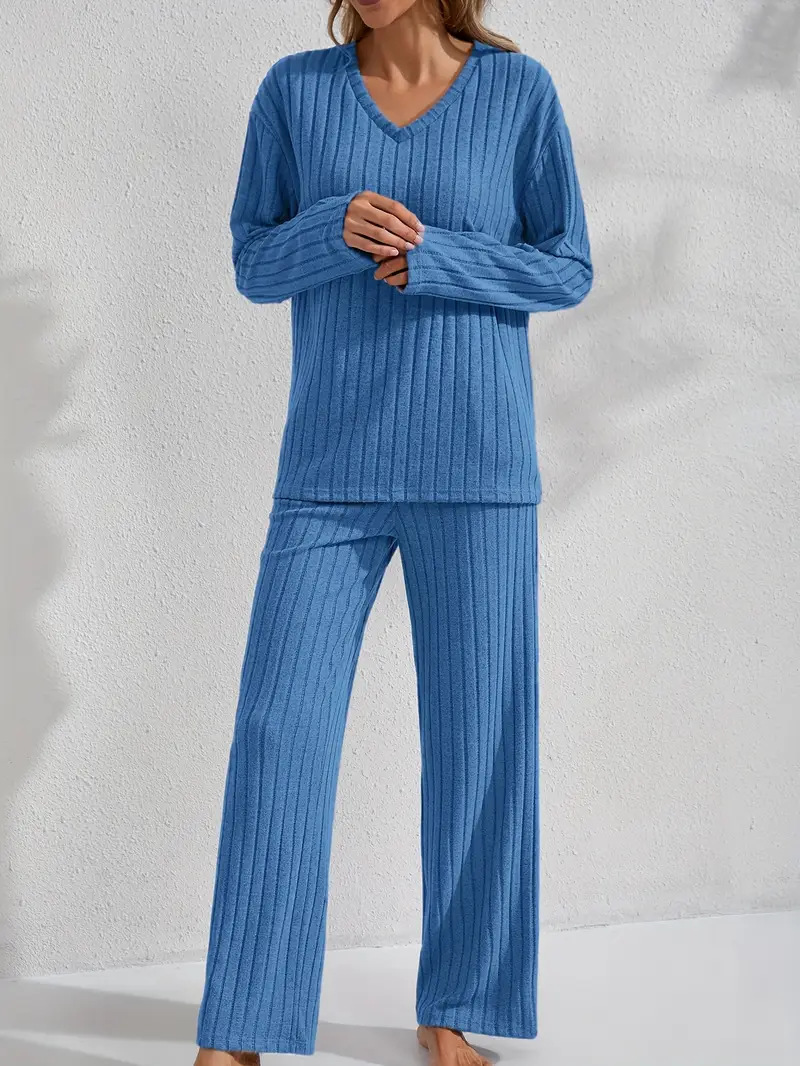 Women’s Ribbed Long Sleeve Top and Pants Loungewear Set