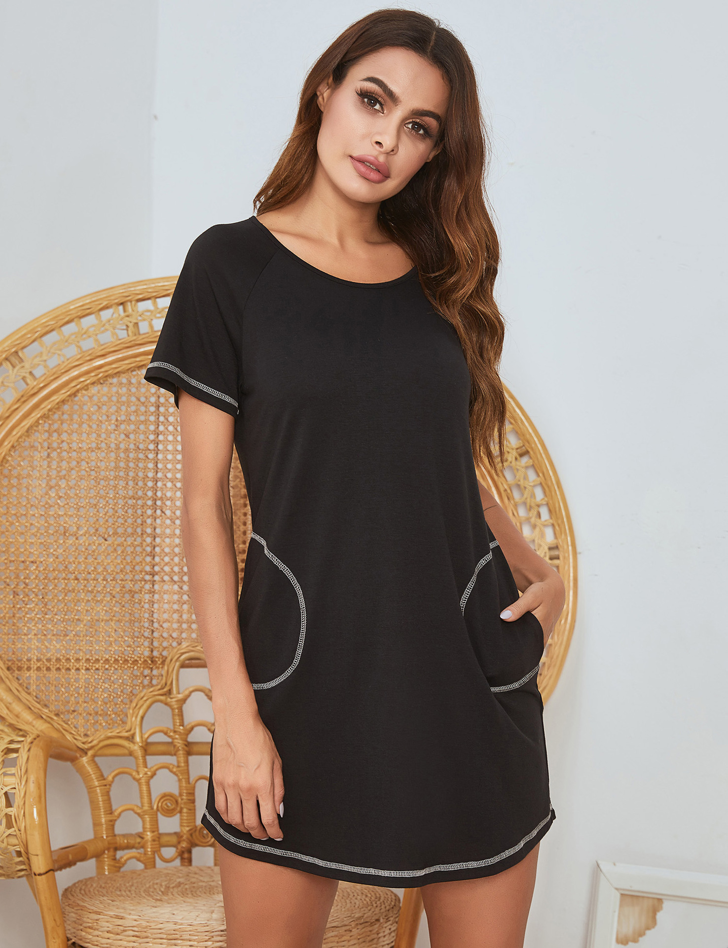 Title 3, Home Casual Round Neck Loose Pockets Nightdress...