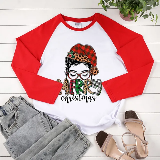 Raglan Long Sleeve Christmas Glasses Print White - Shop at LoveMi