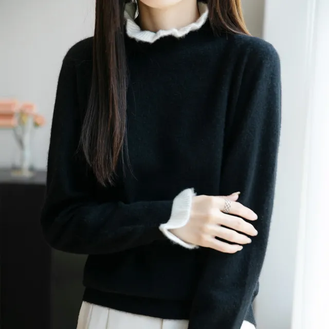 Women's Fungus Lace Collar Sweater Half collar Wool Sweater Black - Shop at LoveMi