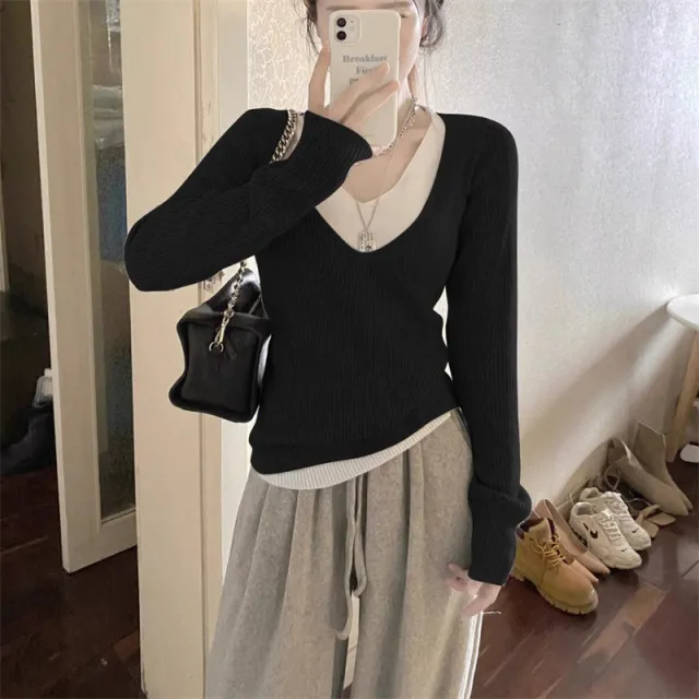 Fake Two piece V neck Knitted Bottoming Shirt Top Black - Shop at LoveMi