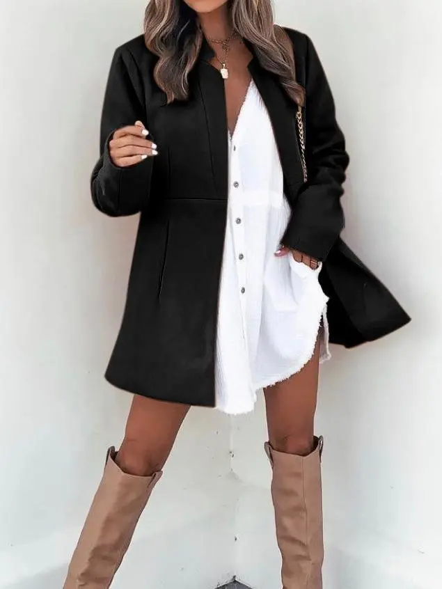 Solid Color Slimming Long Sleeve Pocket Woolen Women's Coat Black - Shop at LoveMi