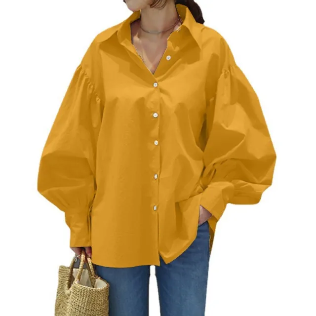 Women's Casual Shirt Lantern Sleeve Lapel Top Yellow - Shop at LoveMi