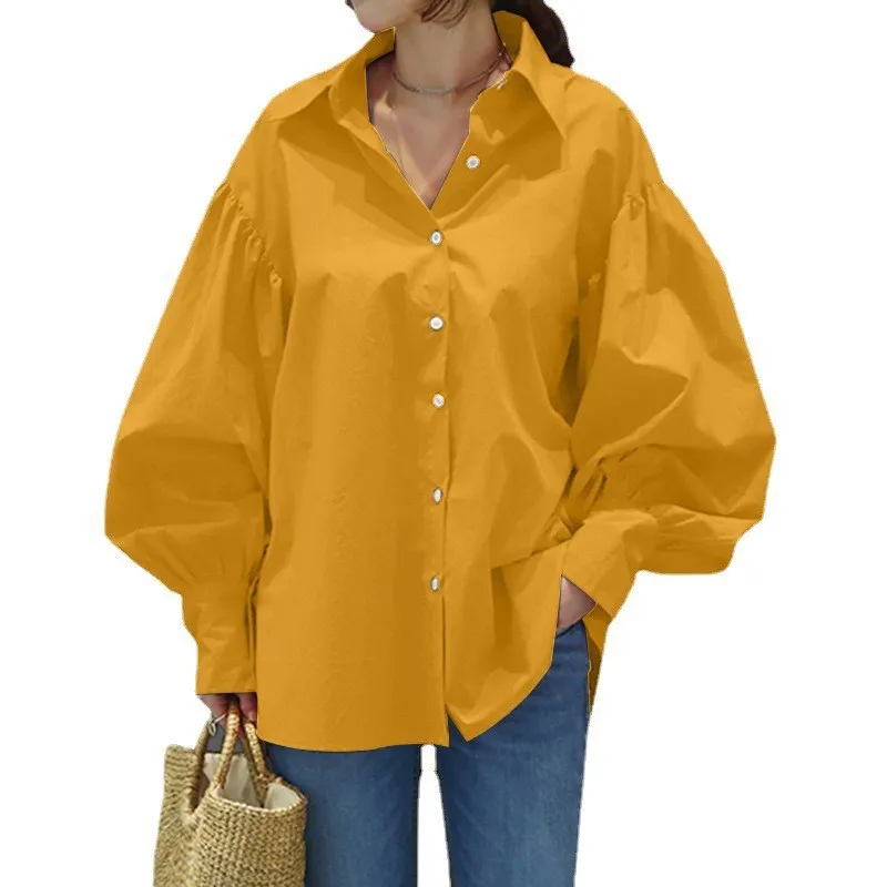 Women's Casual Shirt Lantern Sleeve Lapel Top - Yellow
