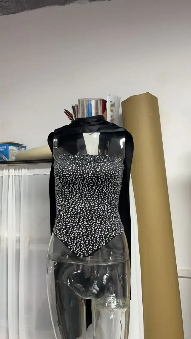 Hot Drill Temperament Spicy Girl Strappy Sexy Bustier Tight Top Long Satin Skirt Black - Shop at LoveMi