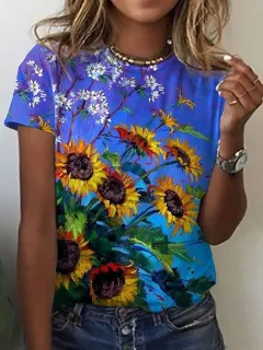 Floral Print Round Neck Short Sleeve T-shirt For Women Summer - F01 - View 1