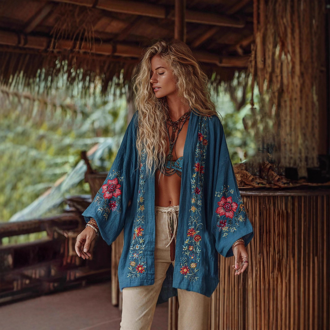 Linen Shawl-printed Buttonless Shirt Travel Ethnic-style Shawl