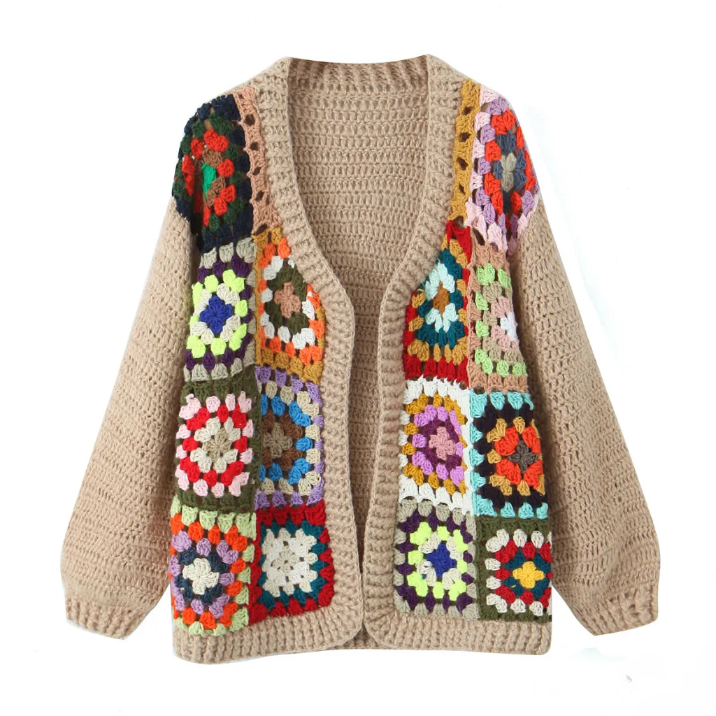 Women's Flower Stitching Loose Sweater - Khaki