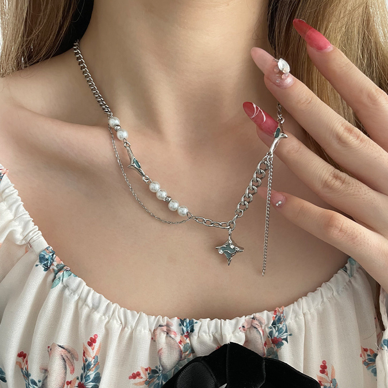 Cyan Asterism Stitching Pearl Tassel Necklace