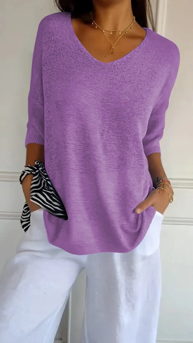 Solid Long Sleeve Sweater Slimming V neckline Knitwear Women's Bottoming Shirt 2062 Noble Purple - Shop at LoveMi
