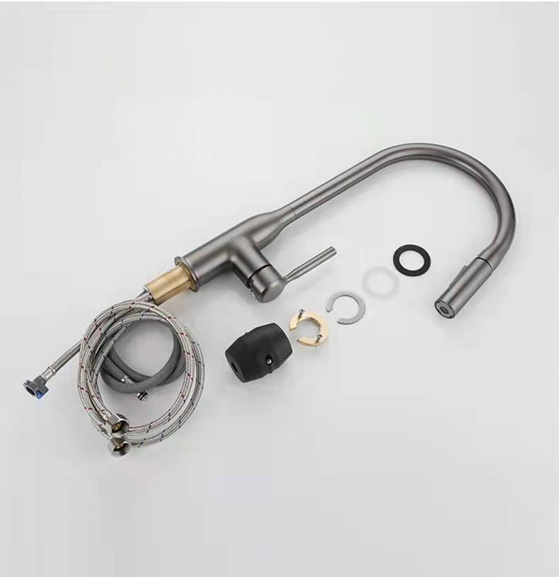 Copper Gun Gray Kitchen Faucet Pull-out Hot And Cold Double Water Outlet Rotatable