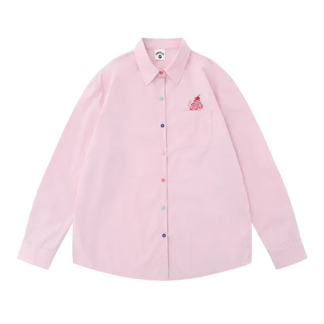 Embroidery Pocket Long Sleeve Shirt Casual Loose Jacket Pink - Shop at LoveMi