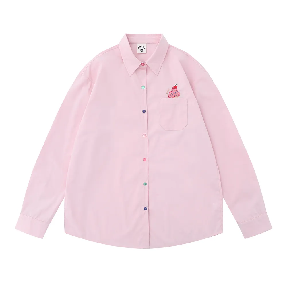 Embroidery Pocket Long Sleeve Shirt Casual Loose Jacket - Pink