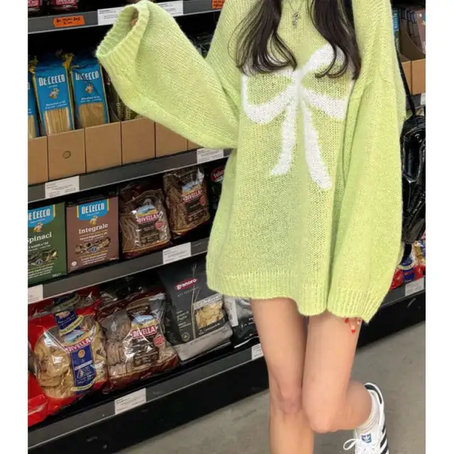 Slightly Transparent Bowknot Knitted Sweater Top For Women Green - Shop at LoveMi