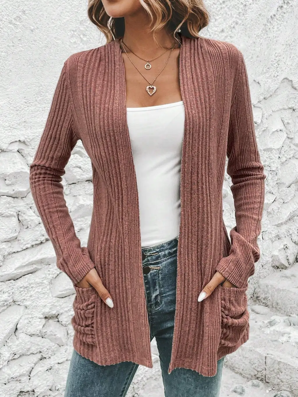 Autumn And Winter New Long Sleeve Solid Color Mid-length Knitted Cardigan Pocket Coat Sweater Women - Pink