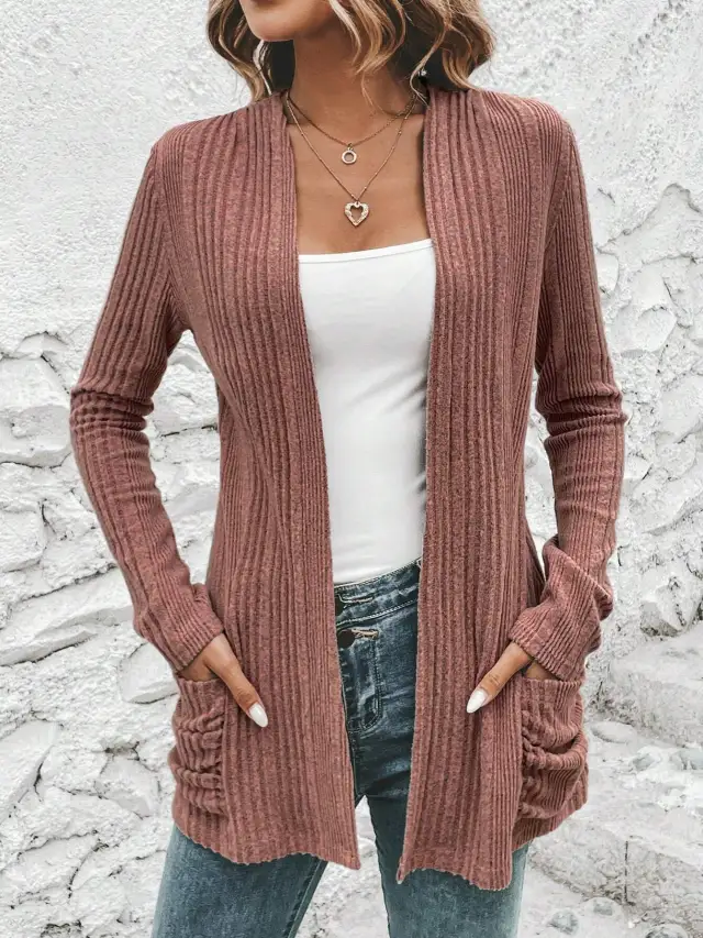 Autumn And Winter New Long Sleeve Solid Color Mid length Knitted Cardigan Pocket Coat Sweater Women Pink - Shop at LoveMi