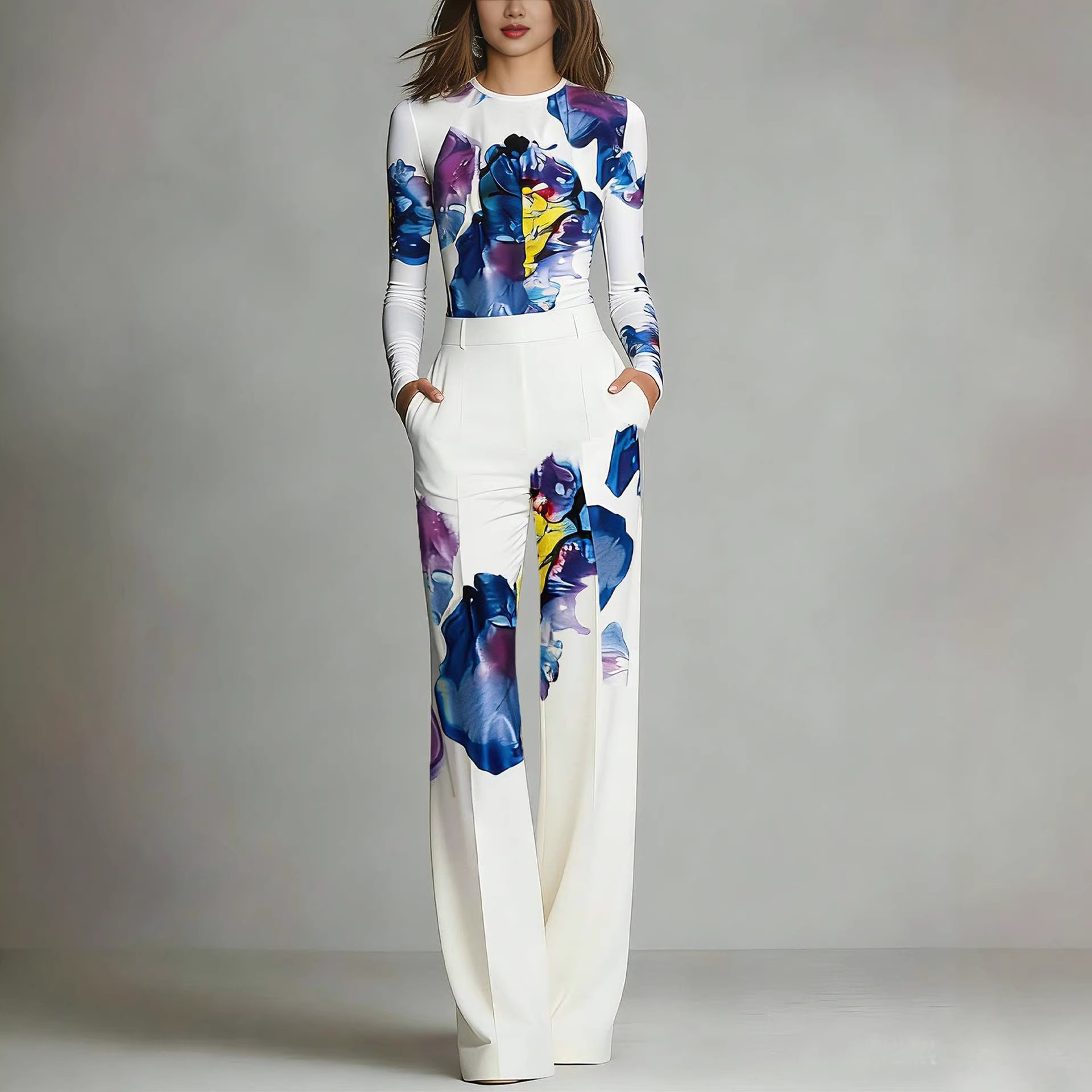 Womens Comfortable Form-Fitting Top Wide-Leg Printed Pants Set