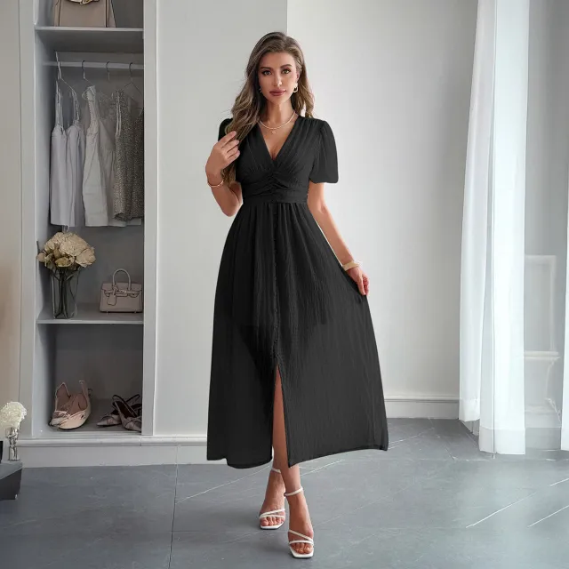 Elegant Vacation Style Deep V Short Sleeve Maxi Dress Black - Shop at LoveMi