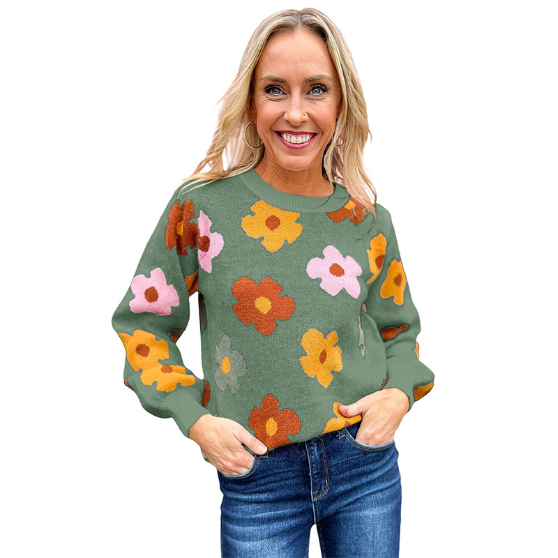Knitted Thread Pullover Women's Flower Print Warm Green - Shop at LoveMi