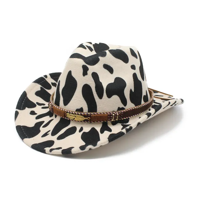 Ethnic Style Woolen Cows Pattern Big Brim Wide Brim Denim Top Hat Beige - Shop at LoveMi