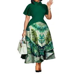 Summer Fashion Elegant African Plus Size Dress - Green - View 1